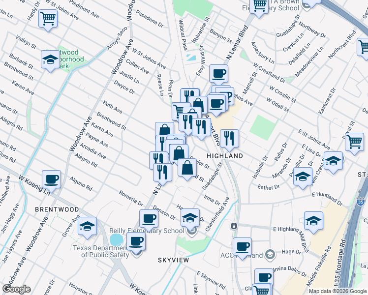 map of restaurants, bars, coffee shops, grocery stores, and more near 6709 North Lamar Boulevard in Austin