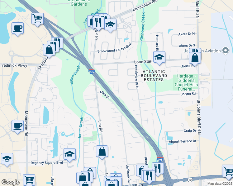 map of restaurants, bars, coffee shops, grocery stores, and more near 751 Jackson Road in Jacksonville