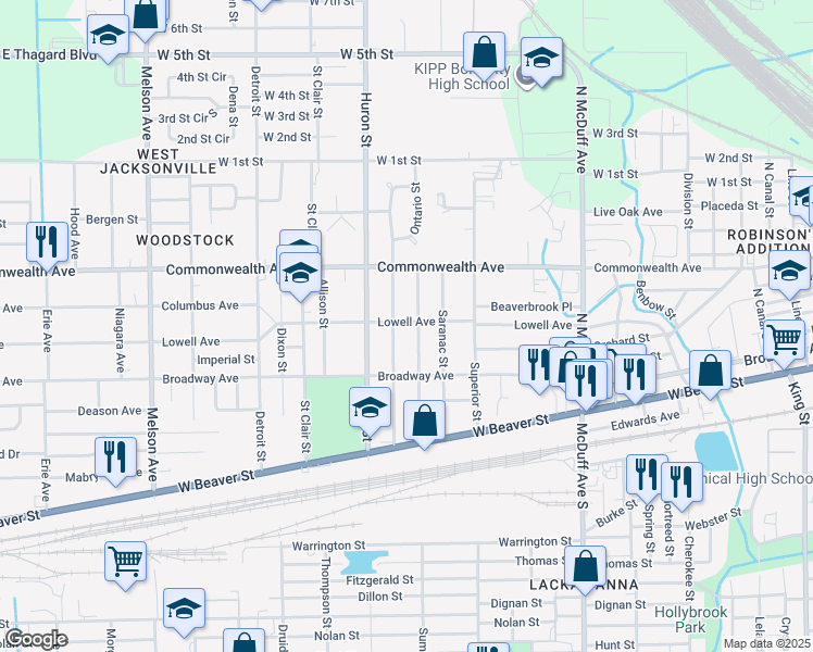 map of restaurants, bars, coffee shops, grocery stores, and more near 2716 Lowell Avenue in Jacksonville