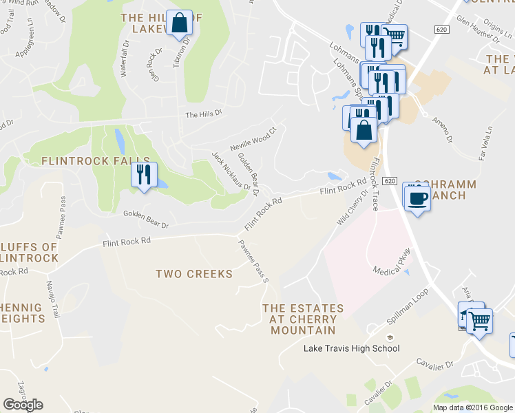 map of restaurants, bars, coffee shops, grocery stores, and more near 203 Golden Bear Drive in Austin