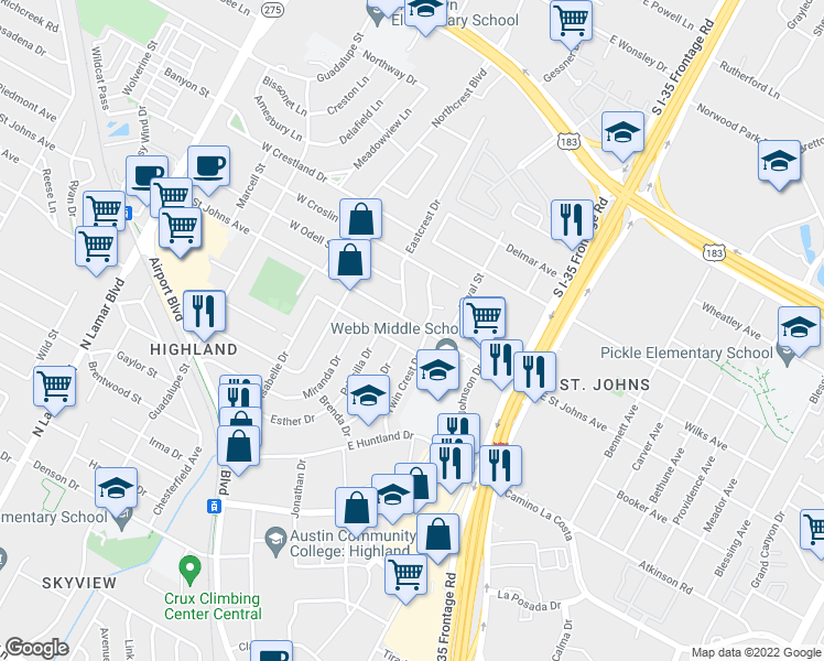 map of restaurants, bars, coffee shops, grocery stores, and more near 205 East Saint Johns Avenue in Austin