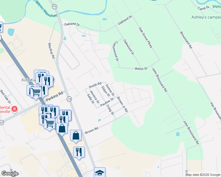 map of restaurants, bars, coffee shops, grocery stores, and more near 18358 Donna Street in Prairieville