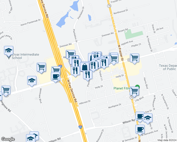 map of restaurants, bars, coffee shops, grocery stores, and more near 2102 Plantation Drive in Conroe