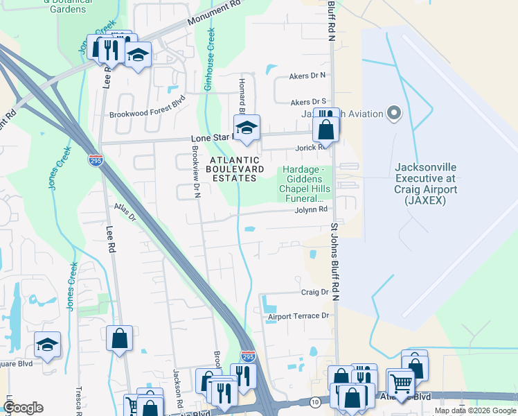 map of restaurants, bars, coffee shops, grocery stores, and more near 10455 Jolynn Road in Jacksonville