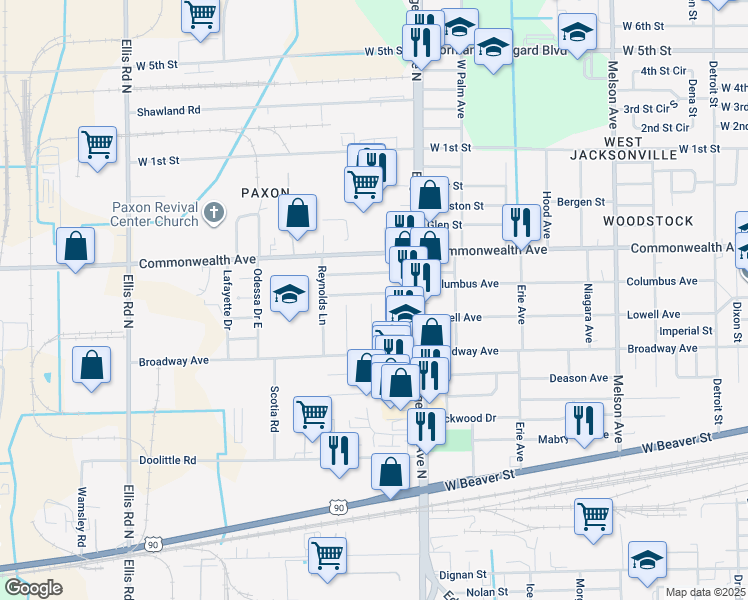 map of restaurants, bars, coffee shops, grocery stores, and more near 5084 Columbus Avenue in Jacksonville
