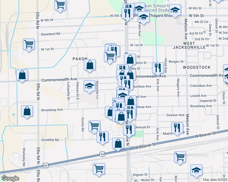 map of restaurants, bars, coffee shops, grocery stores, and more near 5110 Columbus Avenue in Jacksonville