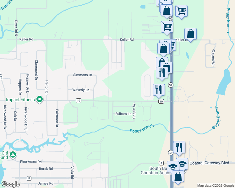 map of restaurants, bars, coffee shops, grocery stores, and more near 19549 County Road 10 in Foley