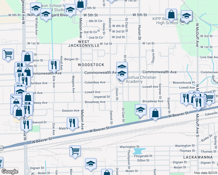 map of restaurants, bars, coffee shops, grocery stores, and more near 878 Detroit Street in Jacksonville