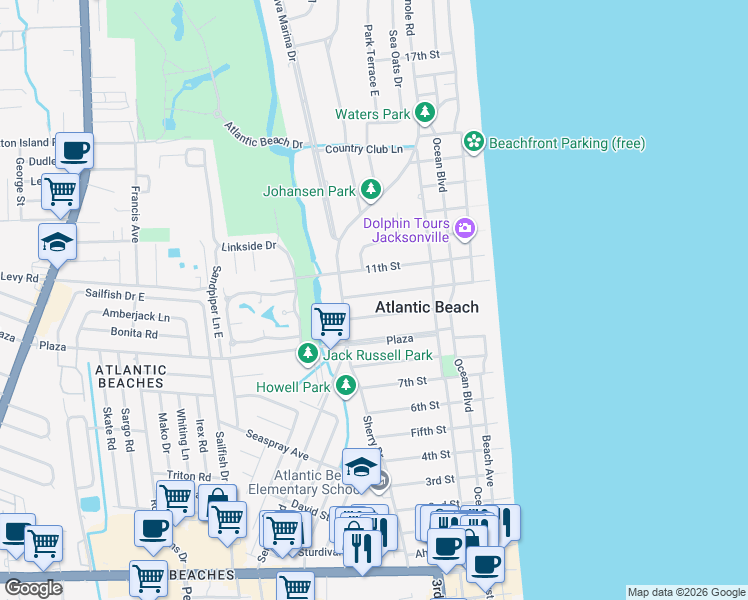 map of restaurants, bars, coffee shops, grocery stores, and more near 361 9th Street in Atlantic Beach