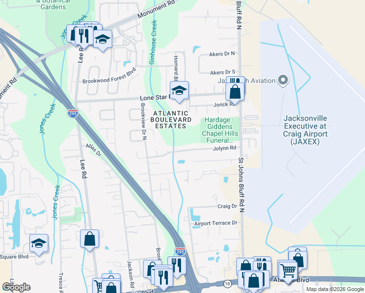 map of restaurants, bars, coffee shops, grocery stores, and more near 10455 Jolynn Road in Jacksonville