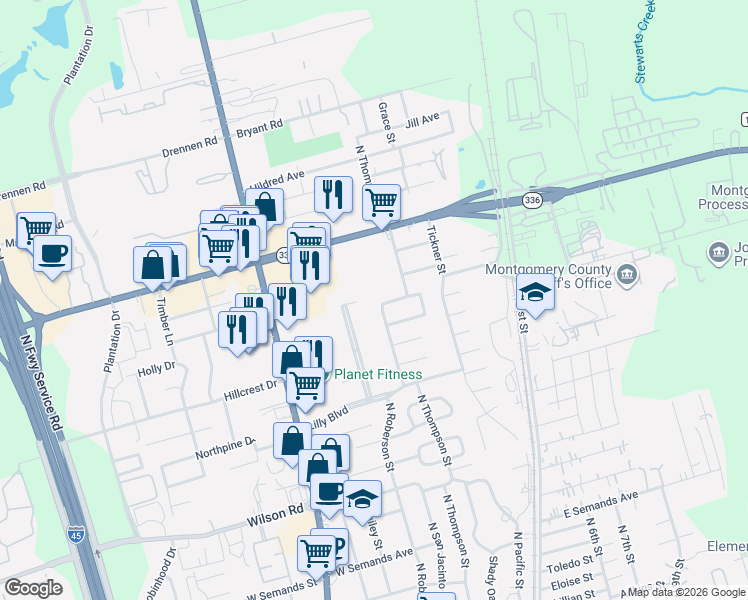 map of restaurants, bars, coffee shops, grocery stores, and more near 314 Harris Boulevard in Conroe