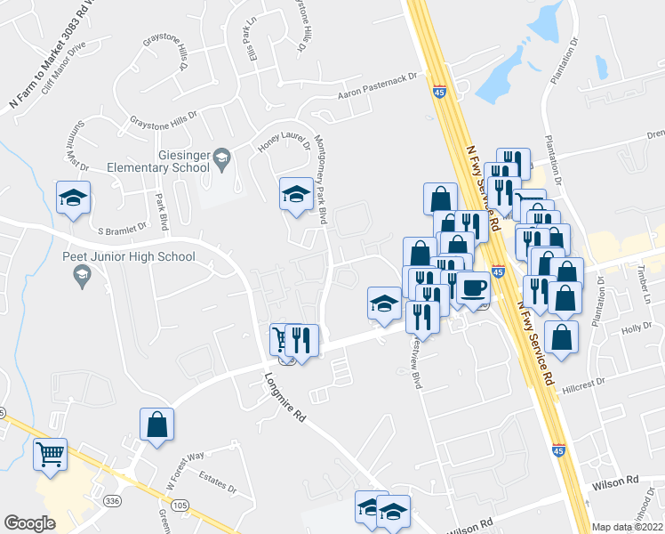 map of restaurants, bars, coffee shops, grocery stores, and more near 2311 Westview Boulevard in Conroe