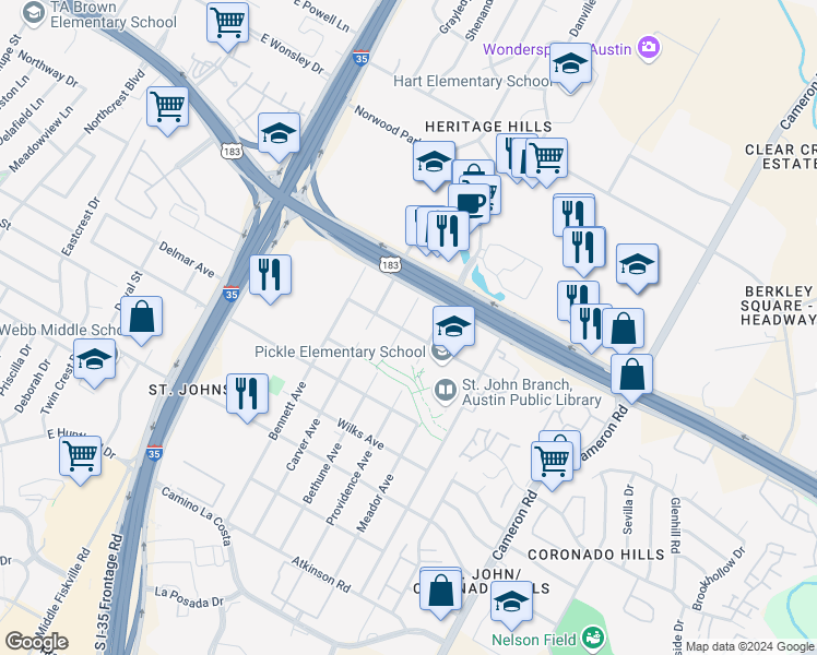 map of restaurants, bars, coffee shops, grocery stores, and more near 7601 Bethune Avenue in Austin