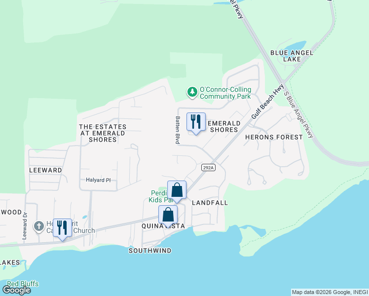 map of restaurants, bars, coffee shops, grocery stores, and more near 598 Batten Boulevard in Pensacola
