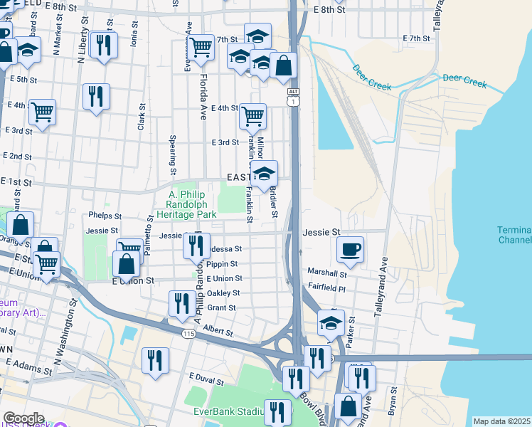 map of restaurants, bars, coffee shops, grocery stores, and more near 940 Bridier Street in Jacksonville