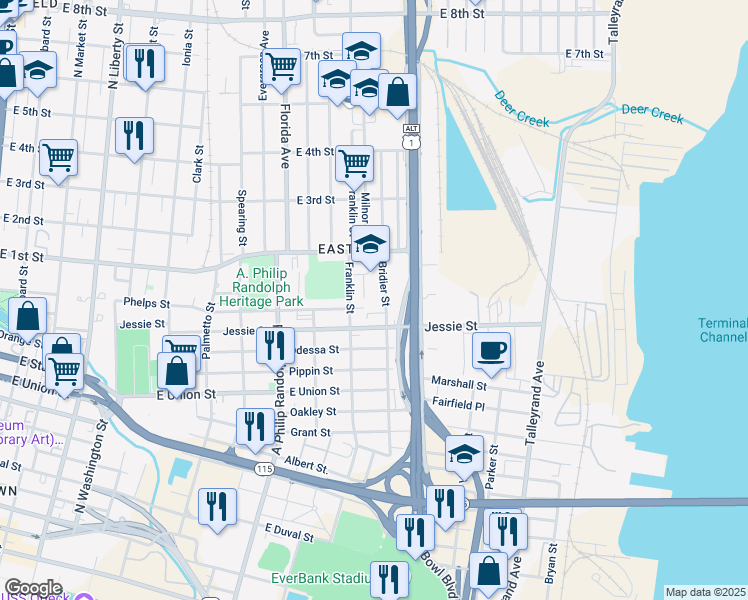 map of restaurants, bars, coffee shops, grocery stores, and more near 1007 Franklin Street in Jacksonville
