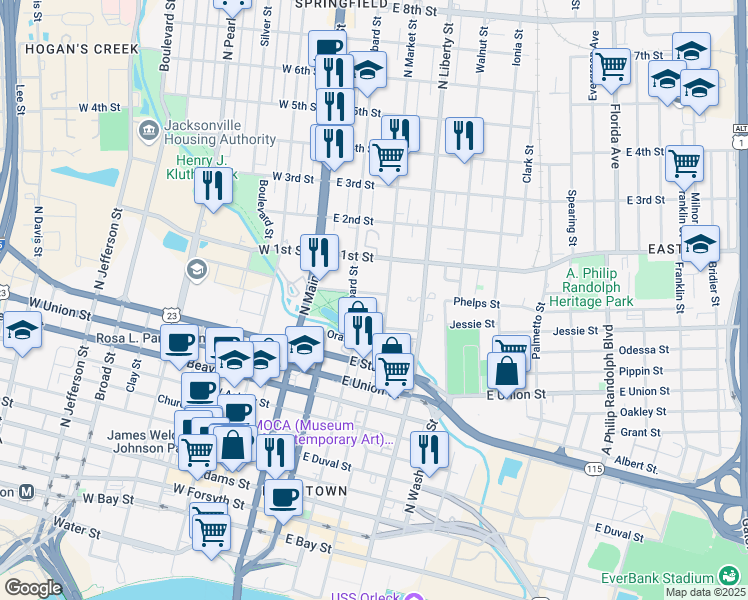 map of restaurants, bars, coffee shops, grocery stores, and more near 960 North Market Street in Jacksonville