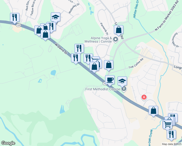 map of restaurants, bars, coffee shops, grocery stores, and more near 4949 West Davis Street in Conroe