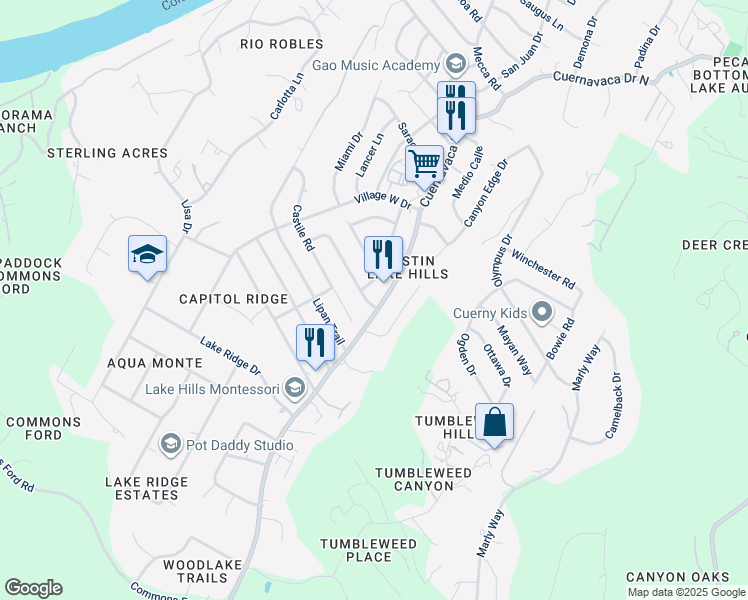 map of restaurants, bars, coffee shops, grocery stores, and more near 1102 San Augustine Drive in Bee Cave