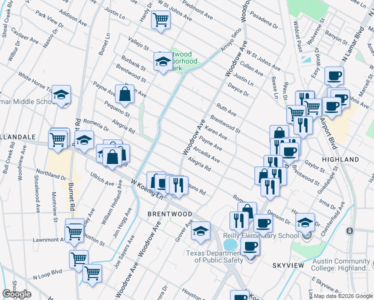 map of restaurants, bars, coffee shops, grocery stores, and more near Woodrow Avenue in Austin