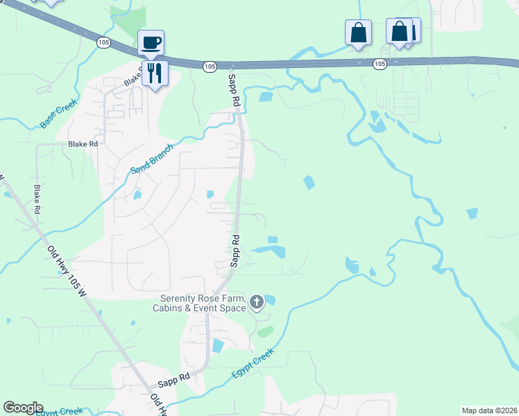 map of restaurants, bars, coffee shops, grocery stores, and more near 3131 Sapp Road in Conroe