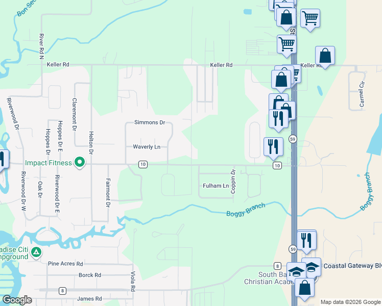 map of restaurants, bars, coffee shops, grocery stores, and more near 9453 Baldwin County Road 10 in Foley