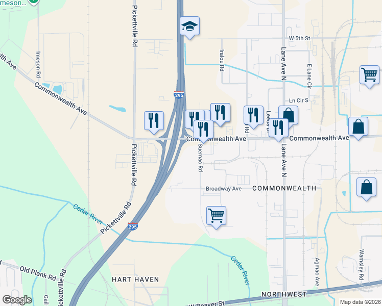 map of restaurants, bars, coffee shops, grocery stores, and more near 6802 Commonwealth Avenue in Jacksonville