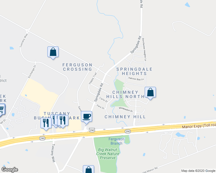 map of restaurants, bars, coffee shops, grocery stores, and more near 3605 E-K Lane in Austin