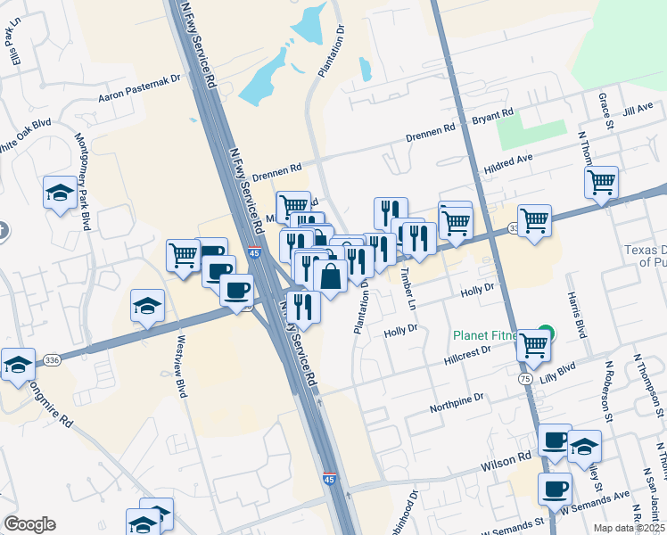 map of restaurants, bars, coffee shops, grocery stores, and more near 1210 North Loop 336 West in Conroe