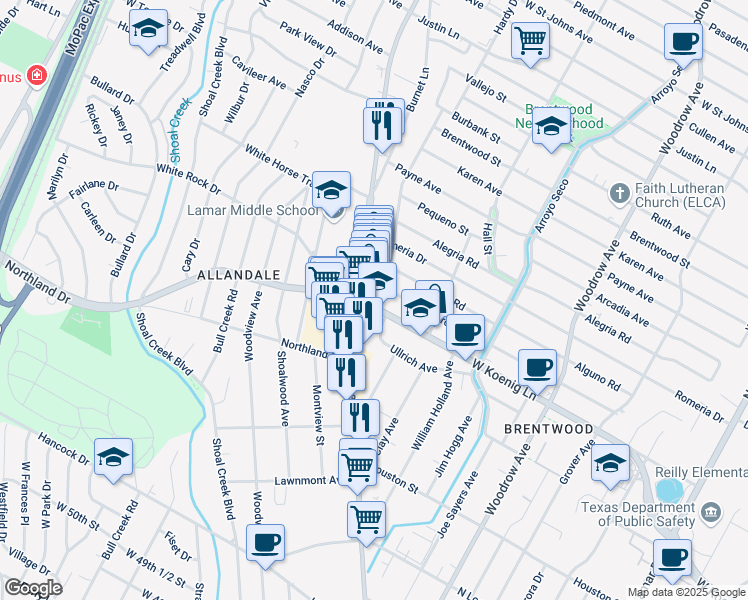map of restaurants, bars, coffee shops, grocery stores, and more near 2012 West Koenig Lane in Austin