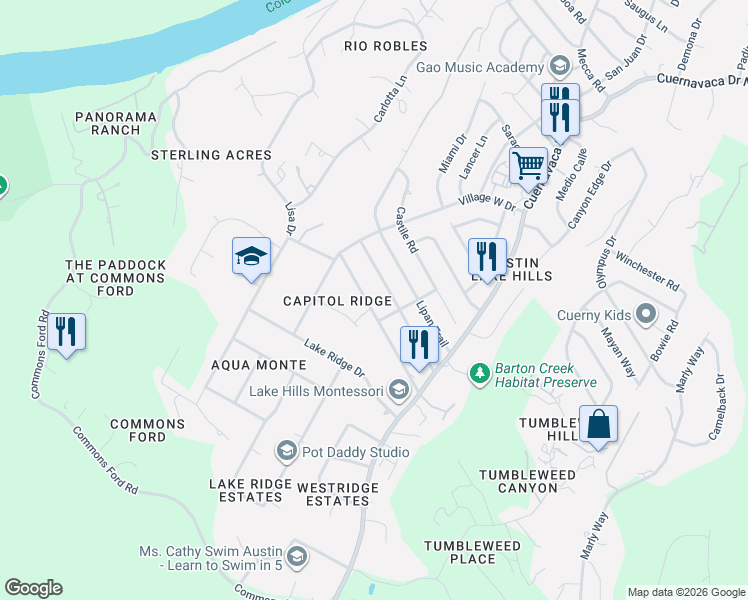 map of restaurants, bars, coffee shops, grocery stores, and more near 9904 Cerro Alto Cove in Austin