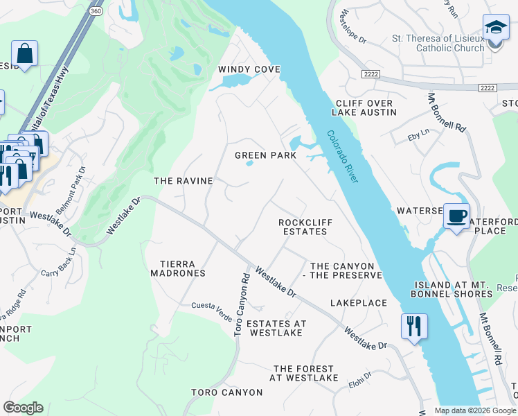 map of restaurants, bars, coffee shops, grocery stores, and more near 4200 Green Cliffs Road in Austin