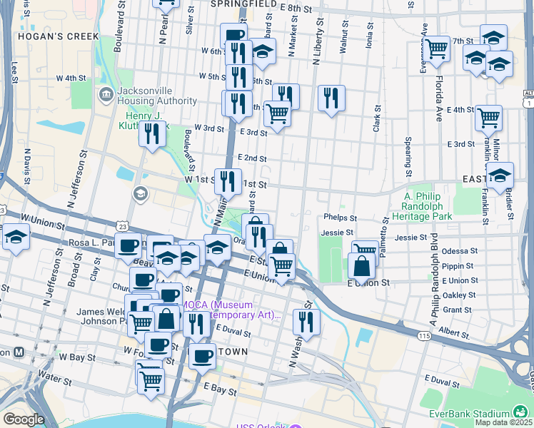 map of restaurants, bars, coffee shops, grocery stores, and more near 960 North Market Street in Jacksonville