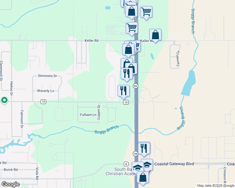 map of restaurants, bars, coffee shops, grocery stores, and more near 7574 Audubon Drive in Foley