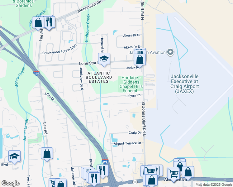map of restaurants, bars, coffee shops, grocery stores, and more near 10525 Jolynn Road in Jacksonville