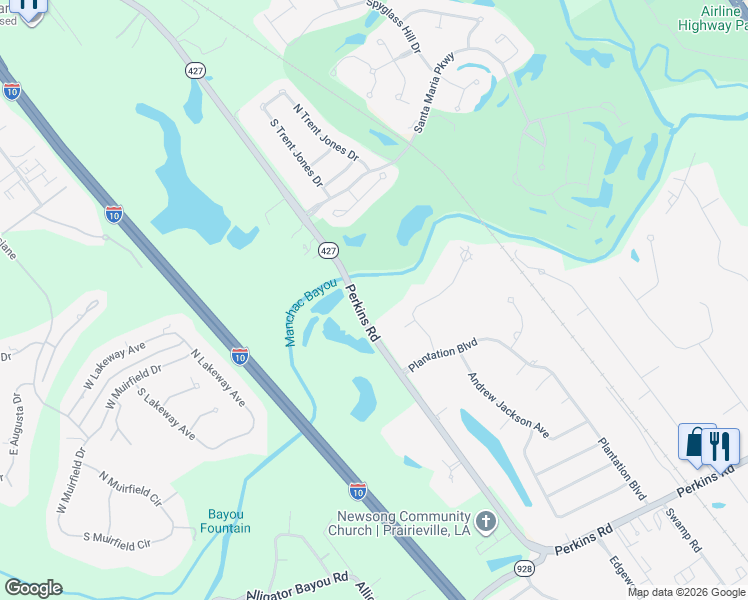 map of restaurants, bars, coffee shops, grocery stores, and more near 18780 Perkins Road in Prairieville