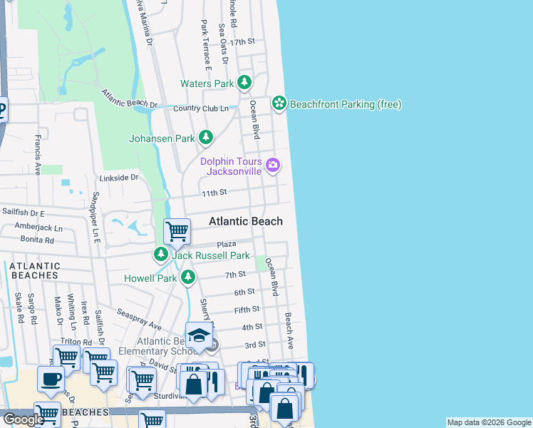 map of restaurants, bars, coffee shops, grocery stores, and more near 901 Ocean Boulevard in Atlantic Beach