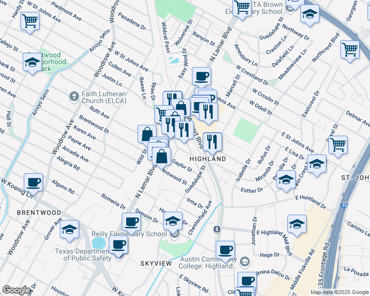 map of restaurants, bars, coffee shops, grocery stores, and more near 605 Williams Street in Austin