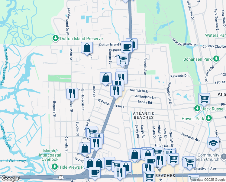 map of restaurants, bars, coffee shops, grocery stores, and more near 1420 Florida A1A in Atlantic Beach