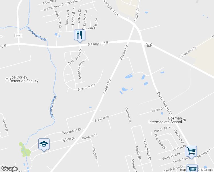map of restaurants, bars, coffee shops, grocery stores, and more near 2019 Airport Road in Conroe
