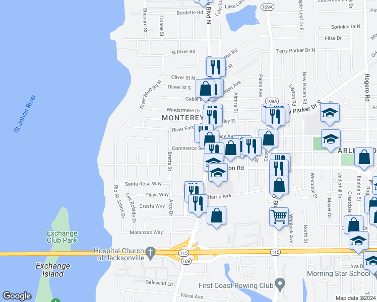 map of restaurants, bars, coffee shops, grocery stores, and more near 1322 Easter Street in Jacksonville