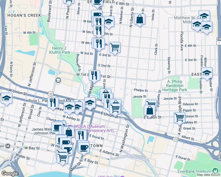 map of restaurants, bars, coffee shops, grocery stores, and more near 960 North Market Street in Jacksonville