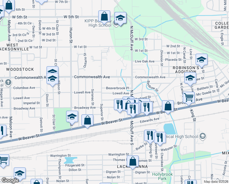map of restaurants, bars, coffee shops, grocery stores, and more near 2578 Lowell Avenue in Jacksonville
