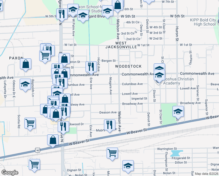 map of restaurants, bars, coffee shops, grocery stores, and more near 3319 Lowell Avenue in Jacksonville
