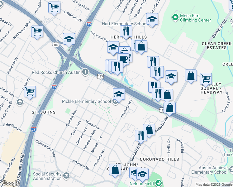 map of restaurants, bars, coffee shops, grocery stores, and more near 7607 Providence Avenue in Austin