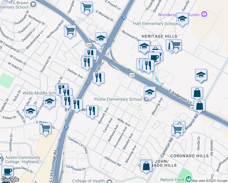 map of restaurants, bars, coffee shops, grocery stores, and more near 7503 Bennett Avenue in Austin