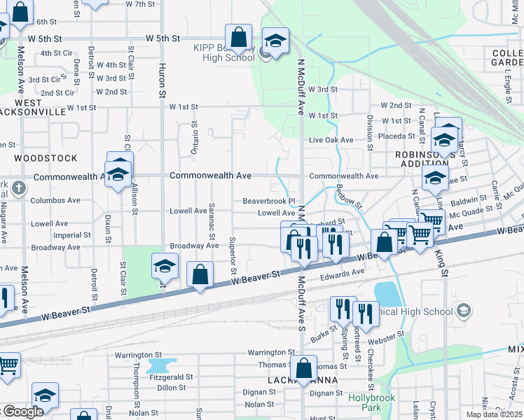 map of restaurants, bars, coffee shops, grocery stores, and more near 2578 Lowell Avenue in Jacksonville