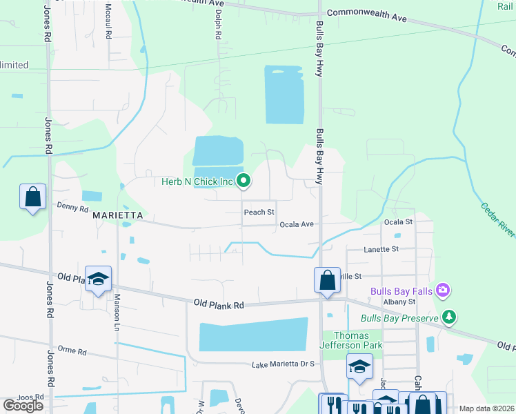 map of restaurants, bars, coffee shops, grocery stores, and more near 8554 Peach Street in Jacksonville