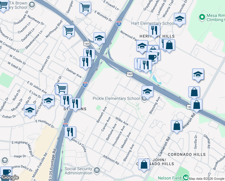 map of restaurants, bars, coffee shops, grocery stores, and more near 7503 Bennett Avenue in Austin
