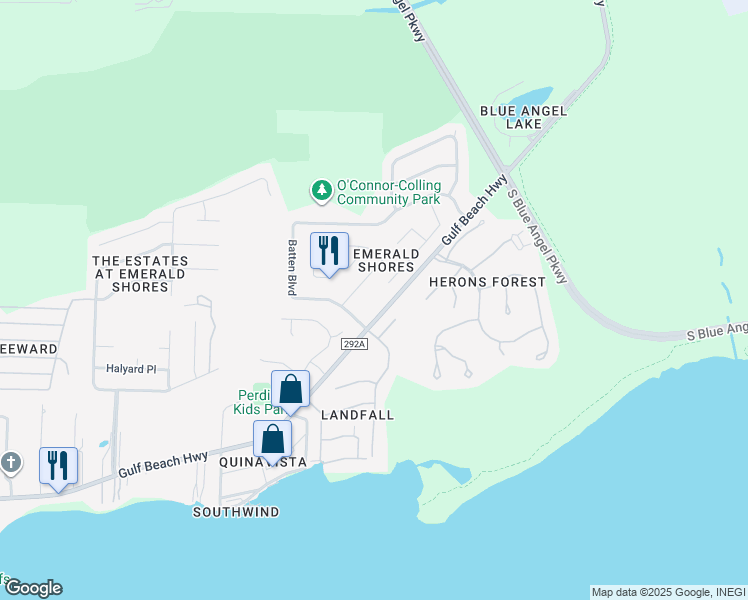 map of restaurants, bars, coffee shops, grocery stores, and more near 600 Batten Boulevard in Pensacola